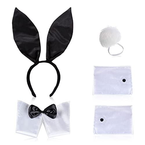 NITAIUN Déguisement de Lapin Sexy - Accessoire de déguisement de Lapin de Pâques Kit instantané Bandeau Oreilles de Lapin Nœud Papillon Queue pour Adultes et Enfants pour Noël Pâques Cosplay (Noir)