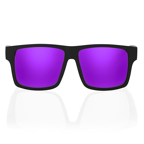Image of TOROE Eyewear Matte Black RANGE XL Frame Sunglasses Light Weight TR90 Frame, Polarized Polycarbonate Lens (Matte Black | Black Emblem, Purple Mirror)
