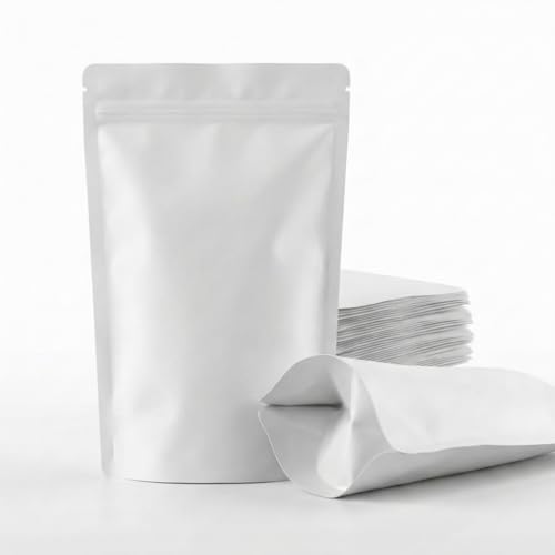 Matte White Zip Lock Stand Up Pouches | 11x17 cm | 100gm | Pack of 25 | Durable Airtight Polyester Storage Bags Without Transparent Window | Leakproof Self-Sealing Multi-Purpose Pouch