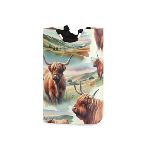 Jihqo Laundry Hamper Basket Watercolor Highland Cows Collapsible Nursery Storage Bin Waterproof Clothing Baskets for Home Bedroom Bathroom Washing Room