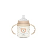 Suavinex, Vaso Aprendizaje Bebé, Taza Antiderrame, Biberón con Asas que Brilla en la Oscuridad, con Boquilla de Silicona y Válvula Anticólico, Ideal para Usar por la Noche, +6 Meses, Wild&Free Beige