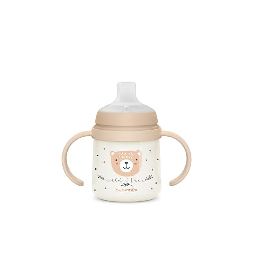 Suavinex, Tasse Apprentissage Bébé, Biberon avec Poignée, Brillent dans le Noir, Gobelet avec Bec Anti-fuites en Silicone, avec Valve Anti-Colique, pour Bébés +6 Mois, Idéal Nuit, 150 ml, Beige