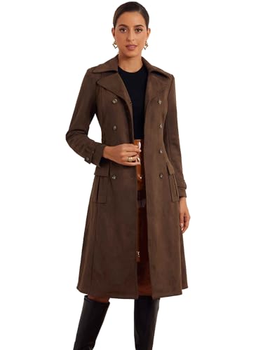 Image of Allegra K Long Faux Suede Jacket Women Fall Winter Trench Coat with Pockets Belt Double Breasted Pea Coat Overcoat X-Large Dark Coffee