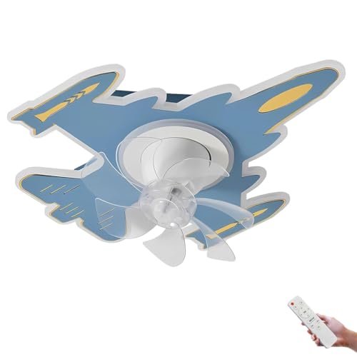 AoLa Lámpara LED 40W ventilador Lámpara de techo forma de avión habitación infantil Regulable con mando distancia y control mediante aplicación Lámpara de techo 7 aspas Modo invierno/verano,Azul