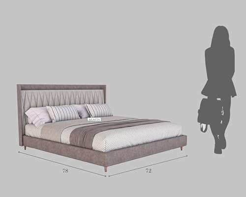 Image of Acacia Modern Upholstered King Size Bed for Bedroom | Wooden Double Bed | Platform Cot Bed with Upholstery Premium Fabric | 6.5 x 6 Ft | Sheesham Solid Wood (Rosewood, Browndust)