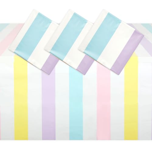 Image of BLUE PANDA 3-Pack Pastel Striped Party Tablecloths - 54 x 108 Inch Rectangular - Disposable Plastic Table Covers for Ice Cream Party Decorations & Kids Birthday Photo Backdrop