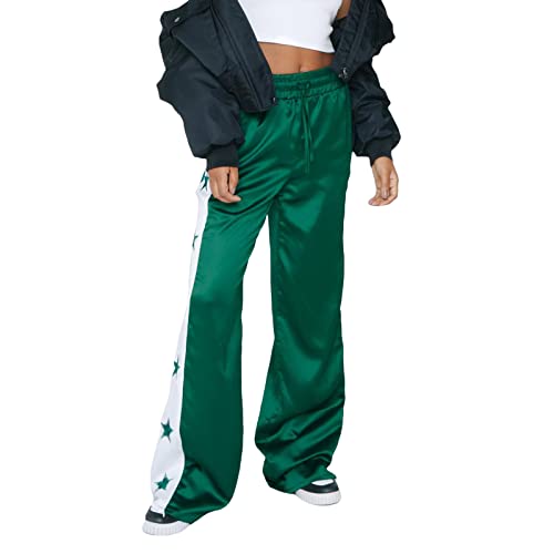 Women's Drawstring Pants High Waist Star Print Wide Leg Trousers Baggy Split Hem BottomLong Pants2