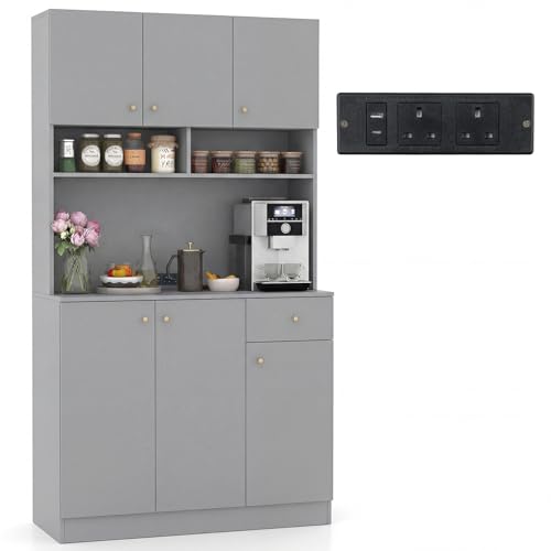 Image of COSTWAY Tall Kitchen Cupboard, 6-Door Buffet Pantry Storage Cabinet with Outlets, USB Ports, Adjustable Shelves & Anti-Tipping Kits, Freestanding Sideboard Organizer for Dining Living Room (Grey)