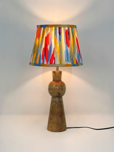 Image of Green Girgit Wooden Skirt Brown Table Lamp with Pleeted Multicolor Yellow Shade, Bedside Night Lamp with Printed Shade, Modern LED Lighting, E27 Bulb Compatible, Corded Electric, 6.5X9X18 inches