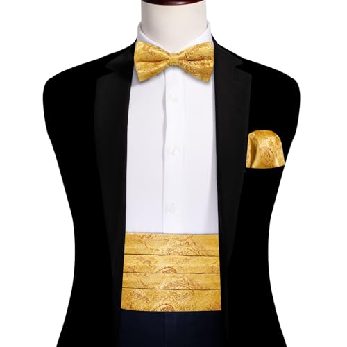 Image of YOHOWA Men Cummerbund Bow Tie Set Silk Paisley Formal Pre-Tied Bowtie Pocket Square Cufflinks Wedding Party Prom
