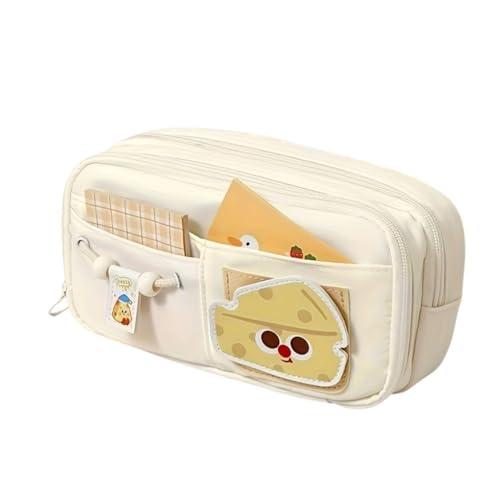Image of OSDUE Canvas School Bag Pencil Case, 3 Layer 6 Compartment Large Capacity Pencil Pouch, Aesthetic Stationery Organizer with Zipper for Girls, Boys, Kids, School, College & Office (Beige)