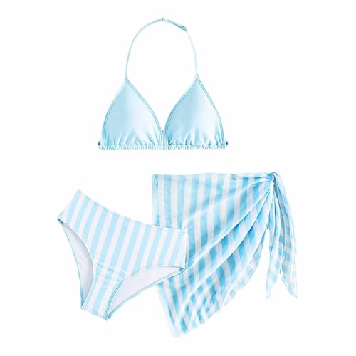 Bikini niña, Traje de Baño Bikinis de 3 Piezas, Ropa de Baño Bañador Sets, Conjunto Bañador Niñas Sujetador Triangular Halter, Braga y Bufanda de Cadera, Playa Piscina Estampado a Rayas Moda