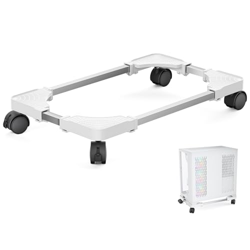 DEWEL CPUスタンド PC収納ボックス PC置き台 キャスター付き 無段階調節 サイズ42〜55cm*22〜35cm*7cm 熱対策 ほこり対策 多用途 植木鉢台 プリンター台 足元収納 (ホワイト)