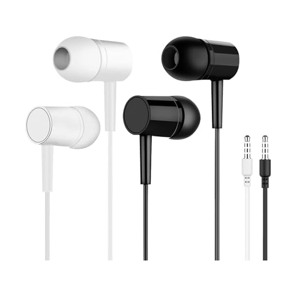 2 Packs in-Ear Headphones (White & Black), Wired Earbuds with Microphone, 3.5mm Jack Corded Earphones for Calls & Video Conferences, Compatible with Android & Computers