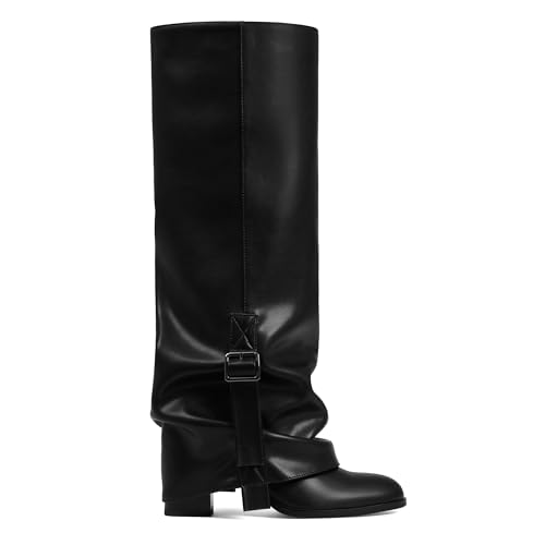 EQAUDES Leather Black Boots Women Fold Over Knee High Wide
