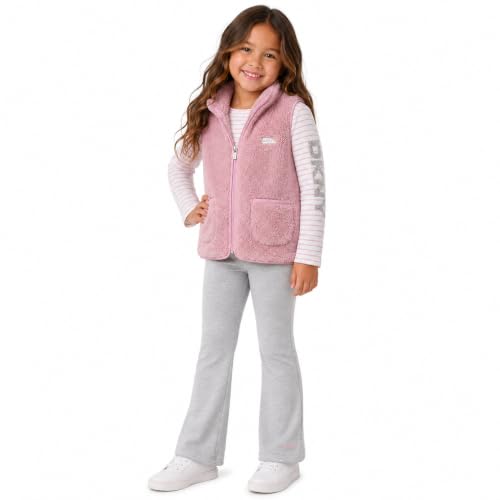 Image of DKNY Girls' Vest Set - 3 Piece Button Down Quilted Puffer Vest Long Sleeve Shirt and Flare Leggings Set (Sizes: 2T-6X)