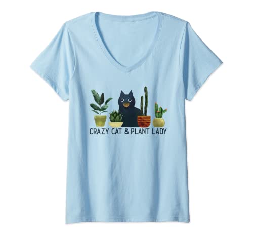 Mujer Funny Crazy Cat & Plant Lady Cactus Pet, gato y amante de las plantas Camiseta Cuello V