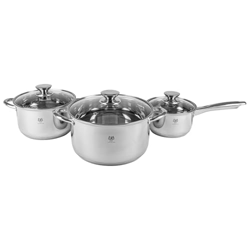 KARL HAUSMANN Edelstahl Topfset mit Stieltopf 3-teilig - 2 Töpfe & 1 Stieltopf mit Glasdeckel, Induktion geeignet, Mehrschichtboden, für alle Herdarten, Spülmaschinenfest