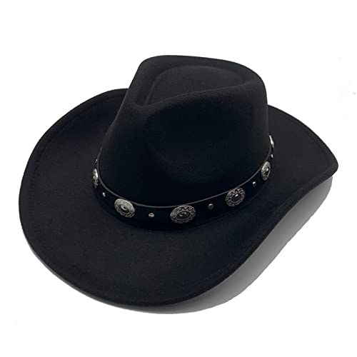 Image of Classic Western Cowboy Hat Cowgirl Hat Unisex Men's & Women's Wide Brim Felt Fedora Hat Flat Top with Buckle Belt