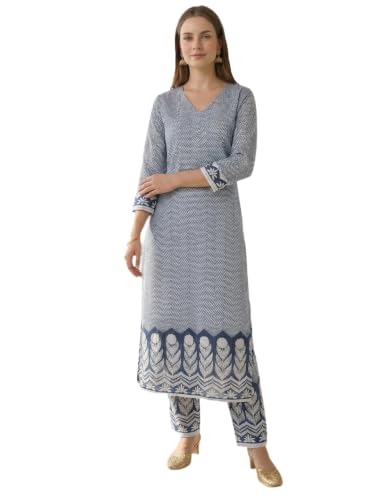 Image of INDO ERA Women's Pure Cotton Chevron Printed Straight Kurta & Pant Set | Kurta Set For Women