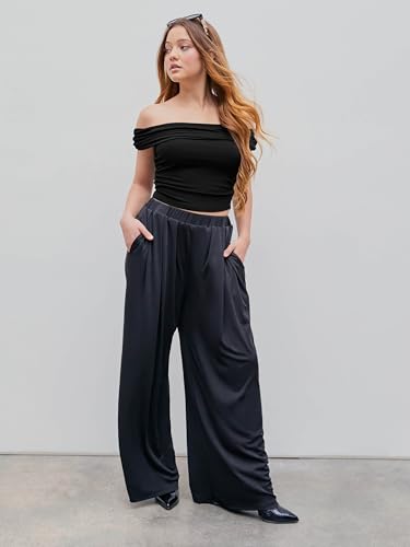 Image of CIDER Palazzo Pants for Women Wide Leg Flowy Pants with Pockets Elastic Mid Waist Summer Beach Vacation Outfits Lightweight