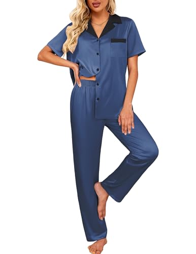 Image of Ekouaer Satin Pajamas Set for Women Silk Button Down Sleepwear Short Sleeve Loungewear 2 Pieces Nightwear