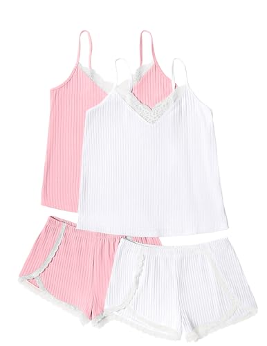 Image of Ekouaer Womens Pajama Sets Soft Cami Shorts Set 4 Piece Lingerie Sleepwear V Neck Pj Lace Nightwear