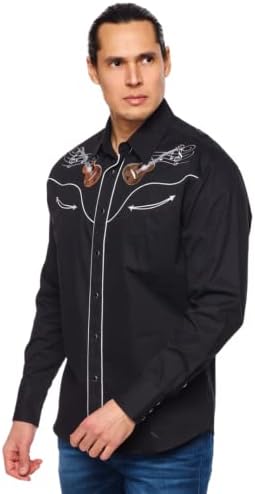 Rodeo Clothing Western Cowboy Dress Shirt with Retro Guitar Embroidery for Outdoor Rodeo,Cowboy Costume Black 558 S