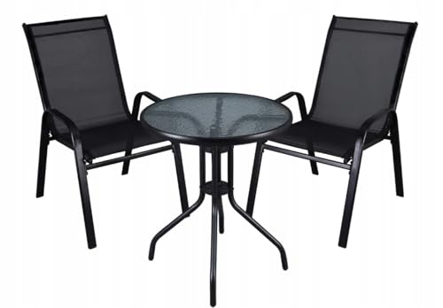 BDW Juego de muebles de balcón   Mesa redonda de vidrio 60 x 70 cm con 2 sillas de textilene   Para balcón, terraza, jardín   Negro
