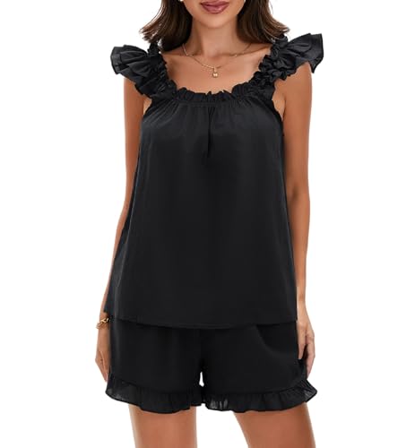 Image of ROAONOCOMO Women Floral Pajama Set Ruffle Babydoll Cami Top Coquette Pj Set Gingham 2 Piece Shorts Outfit Bridal Loungewear