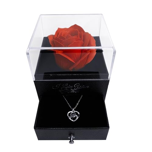 preserved red rose in a acrylic box with i love you necklace gift set
