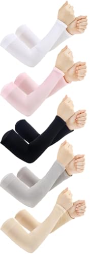 Porksdek 5 Pairs UV Protection Arm Sleeves for Women & Men UPF 50+ Sun Protective Compression Sleeve Cover for Sports Fitness Baseball Cricket Ice Cooling Skin Protector A