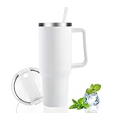 Taza de viaje con asa y pajita,Tazas de viaje de café, taza de café de viaje de acero inoxidable de 40 oz con tapa, Botellas de agua al vacío a prueba de fugas para agua caliente y fría