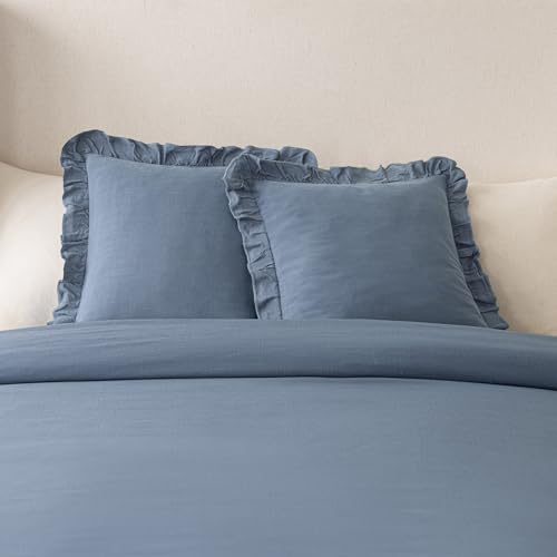 Image of Foindtower Set of 2 Decorative Linen Fringe Ruffle Throw Pillow Covers Soft Boho Farmhouse Cushion Cover Cozy Accent Retro Pillowcase for Couch Sofa Bed Living Room Home Decor,18x18 Inch,Coronet Blue