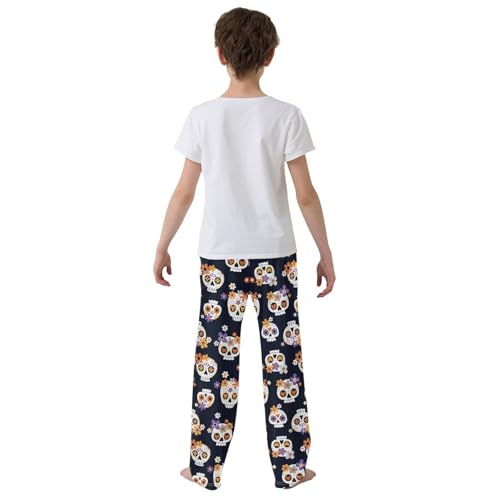 Skull with Florals Boys Long Pants Soft Trousers Elastic Waist Kids Lounge Bottoms with Pockets S-XL3