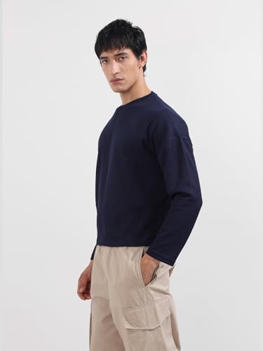 Image of The Indian Garage Co Men Boxy Textured Full Sleeves Crew Neck T-Shirt