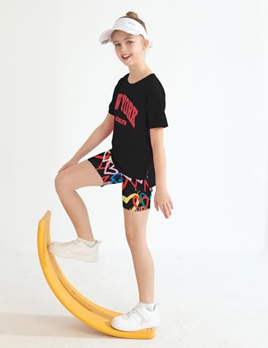 Image of mksodop Girls Summer Clothse Graphic Letter Print Front and Back High and Low Irregular T-shirt + Cycling Shorts Set