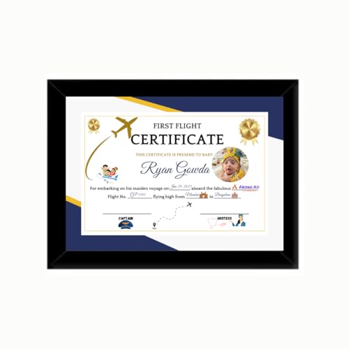 Image of First Flight Certificate for Baby, A4 Size Frame Card, Premium Glossy Print, Customisable Keepsake (Blue)