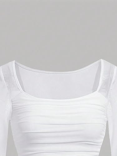 Image of Floerns Girls Bell Long Sleeve Square Neck Asymmetrical Hem Mesh Ruched Crop Tops Tees