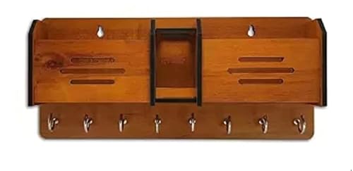 Image of CAPIO ART Wooden Key Holders for Home Wall Stylish | Wall Mounted Decorative, 8 Hooks, 2 Mobile & 1 Pen Holder Storage, Multipurpose, Brown