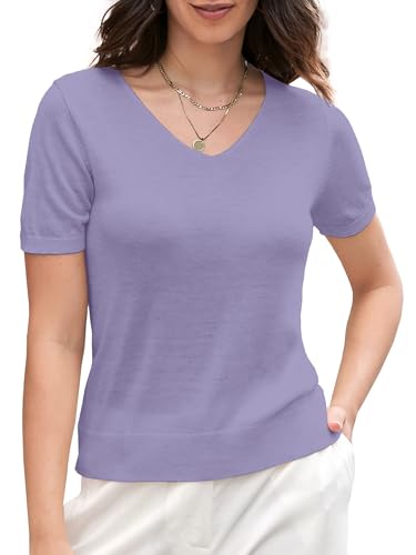Image of SANGTREE Women's Short Sleeve Sweaters V Neck Casual Knit Pullover Tops | Perfect as a lightweight sweater for spring /summer or as a layering piece. Ideal for office, daily, holiday, home etc