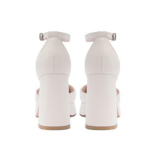 Modatope Beige White Platform Heels Women Block Heel Close Toe Platform Pumps With Ankle Strap Square Toe High Heel Platform Sandals For Women Size 8.5 #TOP7