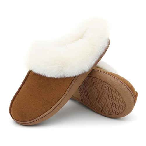 Jerzmy Fuzzy Slippers for Women, Memory Foam Cushion Womens House Slippers Suede Fluffy Faux Fur Lining Comfy Home Shoes for Indoor Outdoor Bedroom Garden Winter
