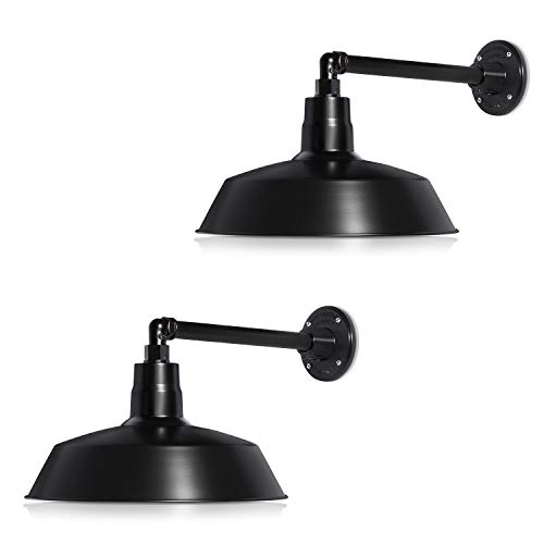 Image of 14in. Satin Black Outdoor Gooseneck Barn Light Fixture with 13in. Long Extension Arm - Wall Sconce Farmhouse, Vintage, Antique Style - UL Listed - 9W 900lm A19 LED Bulb (5000K Cool White) - 2-Pack