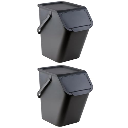 Go Practic Küchen Mülleimer 2x 25L Schwarz mit Deckel, für Gemischte Abfälle, Mülltrennsystem für Recycling, Abfallbehälter zur Trennung, Click-Funktion, Kunststoff Abfallbehälter zur Mülltrennung
