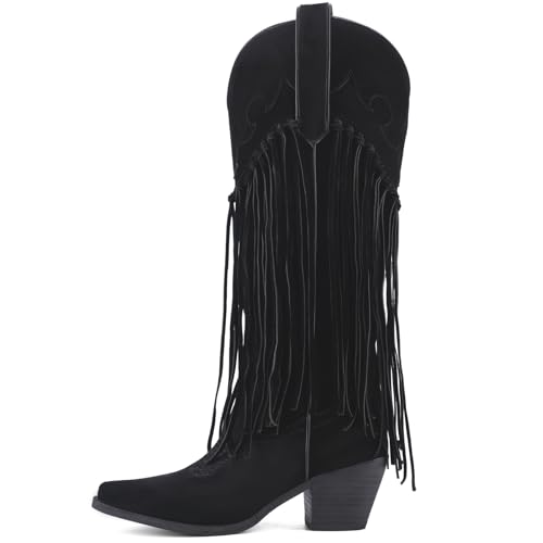 Women's Fringe Cowboy Boots Knee High Pointed Toe Chunky Embroidered Western Tassel Cowgirl Boots2