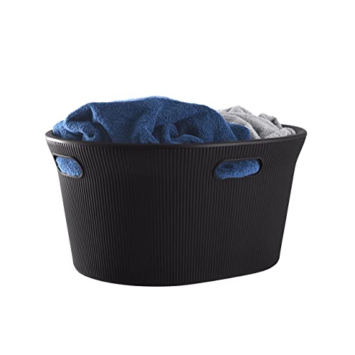 Image of Superio Ribbed Collection - Decorative Plastic Laundry Basket & Laundry Hamper with Lid and Cut-Out Handles, Brown (Set of 2) Organzier for Bedroom Bathroom College Dorm Room