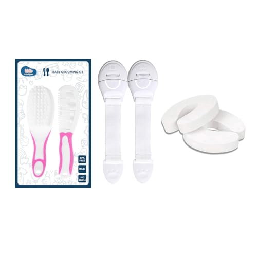 Image of Chipmunks Baby Proofing Finger Pinch Door Guard for Kids Safety, Made in India, Door Stopper Guard for Accidental Door Lock & Slamming for Child, Babies & Pet Safety (Multi, 2 Lock White+2 Door Stopper+1 Grooming Kit Pink)