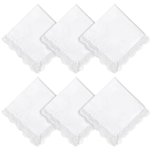 6pcs Lace Handkerchiefs for Women Ladies Hankies Elegant Embroidery Pure Color Square Hankies White Soft Cotton Embroidered with Lace Handkerchiefs for Wedding Party