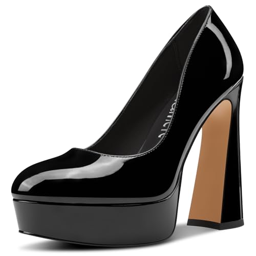 Castamere Womens Chunky Block High Platform Heel Round Toe Pumps Slip-on Office Dress Patent Leather 5.5 Inches Heels